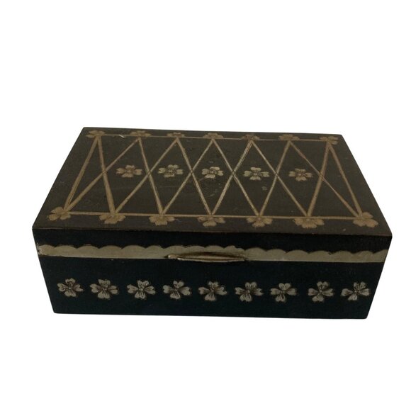 Vintage Black Etched Tin And Wood Jewelry Box With Floral Design And Hinged Lid - Picture 1 of 10